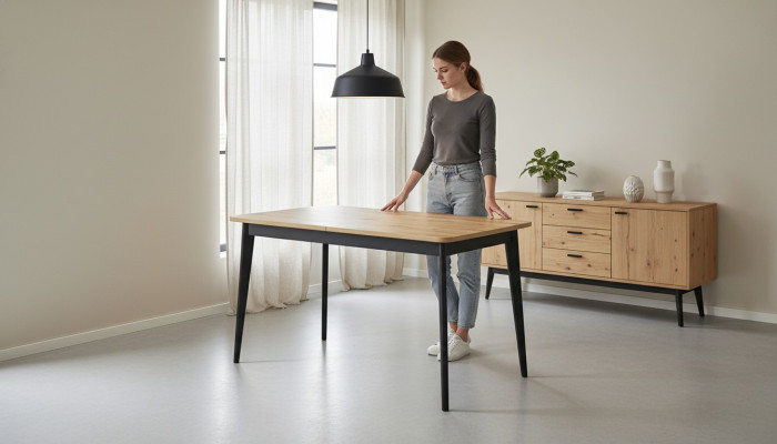 Mesa de comedor moderna de madera, mesa de madera extensible para comedor.