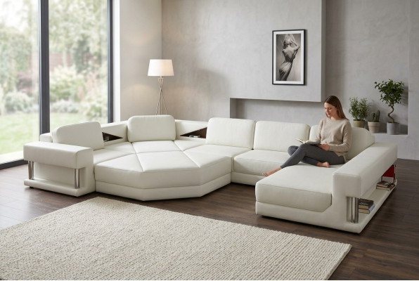 Moderno sofá esquinero con USB, tapizado de cuero, diseño de sofá, conjunto de muebles de sala de estar.