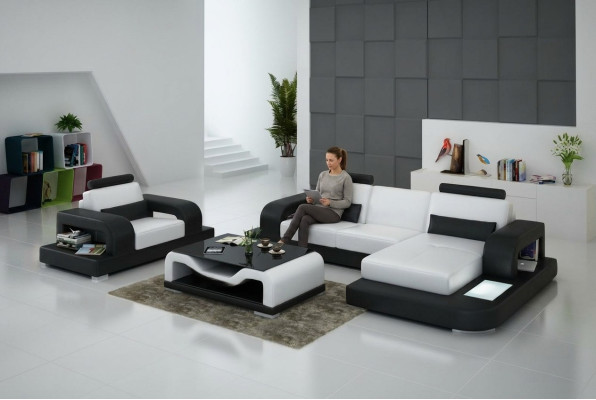 Sofá de cuero Sofá de sala de estar Sofá de esquina + juego de sillones Diseño de sofá moderno con USB
