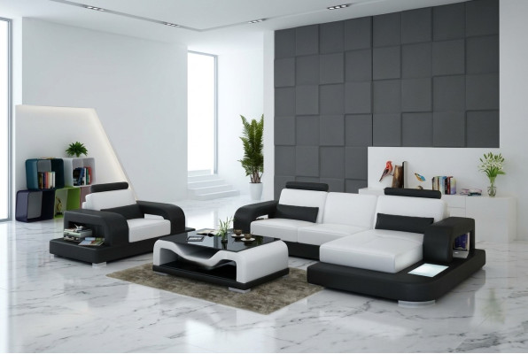 Sofá de cuero Sofá de sala de estar Sofá de esquina + juego de sillones Diseño de sofá moderno con USB