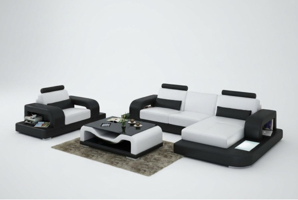 Sofá de cuero Sofá de sala de estar Sofá de esquina + juego de sillones Diseño de sofá moderno con USB