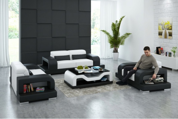 Sofá de cuero sofá paisaje urbano 3+2+1 juegos de sillones Diseño de sofá moderno con USB