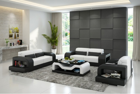 Sofá de cuero sofá paisaje urbano 3+2+1 juegos de sillones Diseño de sofá moderno con USB