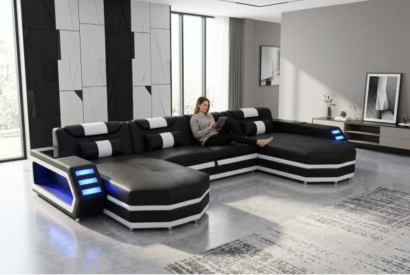 Diseño de esquina de asiento acolchado de cuero con USB, acolchado de cuero, sala de estar de paisaje de sofá de cuero.