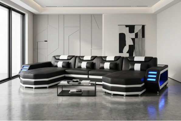 Diseño de esquina de asiento acolchado de cuero con USB, acolchado de cuero, sala de estar de paisaje de sofá de cuero.