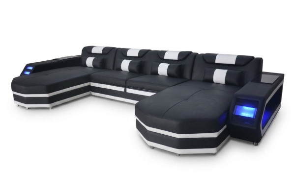 Diseño de esquina de asiento acolchado de cuero con USB, acolchado de cuero, sala de estar de paisaje de sofá de cuero.