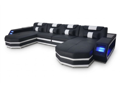 Diseño de esquina de asiento acolchado de cuero con USB, acolchado de cuero, sala de estar de paisaje de sofá de cuero.