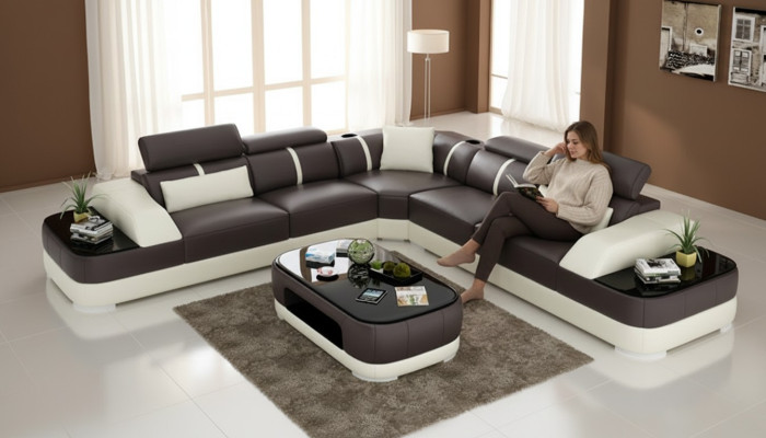 Sofá de cuero con cojines, asiento de esquina, conjunto de sofás, sala de estar, sofá con USB.