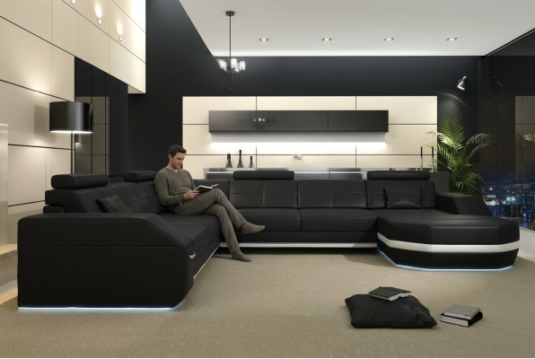 Sofá de cuero sofá esquinero salón sofá esquinero sofá esquinero tapizado asiento esquina nuevo USB+LED.