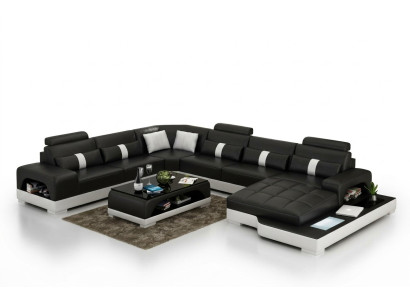 Sofá modular en forma de U de cuero con esquina acolchada, conjunto de muebles de esquina con USB.