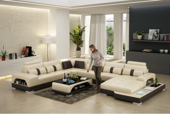 Sofá de esquina en forma de U de cuero con luces LED y USB, sofá grande XXL de sala de estar con tapicería.