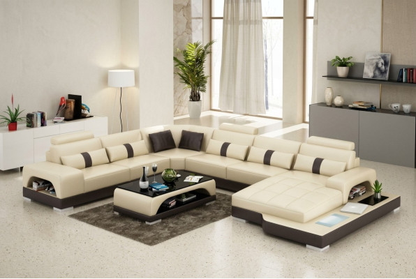 Sofá de esquina en forma de U de cuero con luces LED y USB, sofá grande XXL de sala de estar con tapicería.