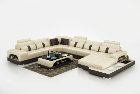 Sofá de esquina en forma de U de cuero con luces LED y USB, sofá grande XXL de sala de estar con tapicería.