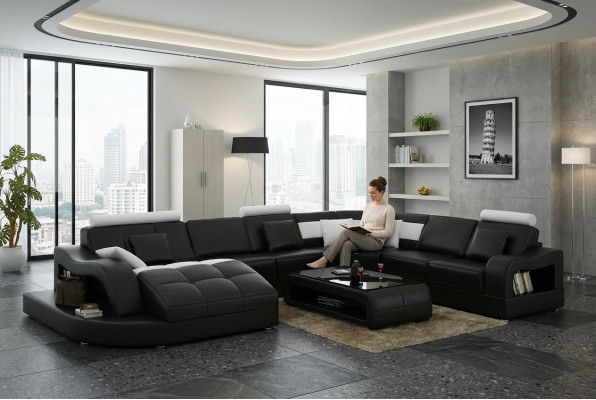 Sofá esquinero de diseñador con chaise longue, sofá seccional en forma de U de cuero con USB