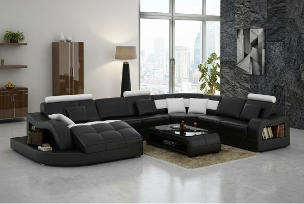 Sofá esquinero de diseñador con chaise longue, sofá seccional en forma de U de cuero con USB