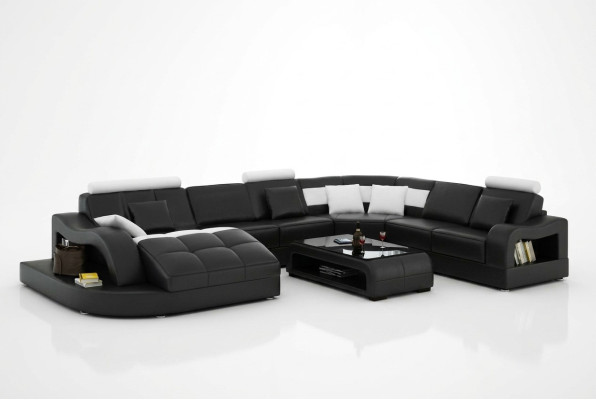 Sofá esquinero de diseñador con chaise longue, sofá seccional en forma de U de cuero con USB