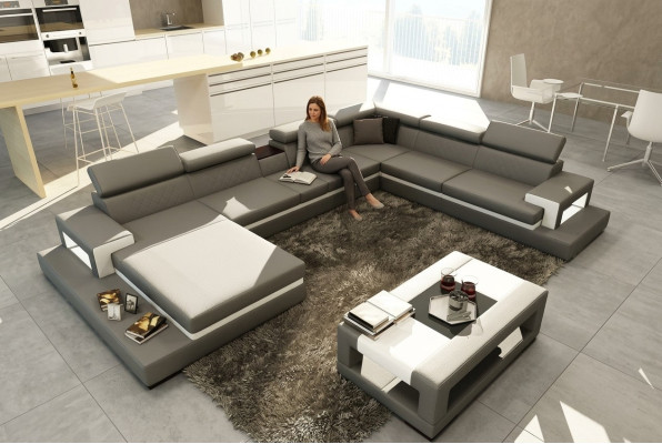 Sofá de cuero con USB, sofá esquinero en forma de U, sofá de salón, asiento de diseñador en la esquina.