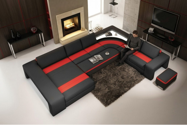 Sofá en forma de "U" con luces LED y puerto USB de cuero - conjunto de sofás tapizados con chaiselongue