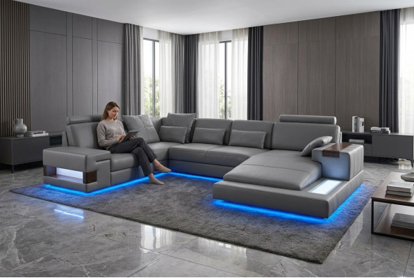 Gran sofá de diseño en cuero con USB, amplia sala de estar con sofá en forma de L.