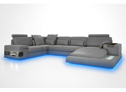 Gran sofá de diseño en cuero con USB, amplia sala de estar con sofá en forma de L.