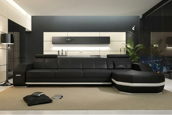 Sofá de esquina USB + LED Sofá conjunto de salón en forma de U Sofá tapizado de tela de sofá de cuero LED de cuero