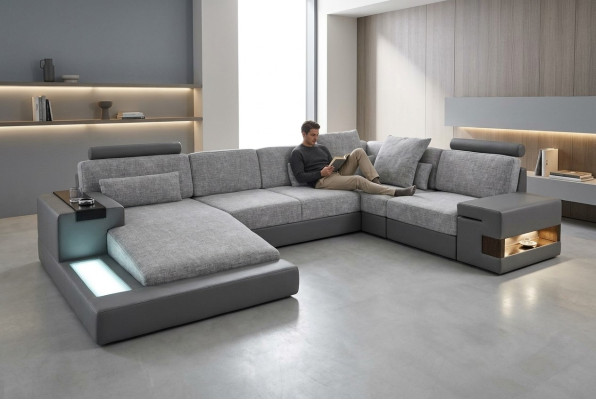 Sofá de esquina con forma de U, conjunto de sala de estar, sofá de cuero, sofá tapizado de tela, cuero USB + LED.