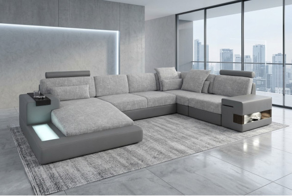 Sofá de esquina con forma de U, conjunto de sala de estar, sofá de cuero, sofá tapizado de tela, cuero USB + LED.