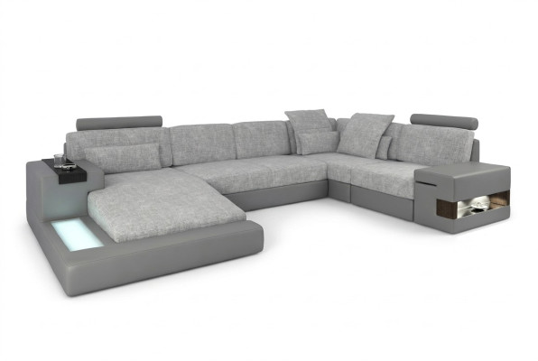 Sofá de esquina con forma de U, conjunto de sala de estar, sofá de cuero, sofá tapizado de tela, cuero USB + LED.
