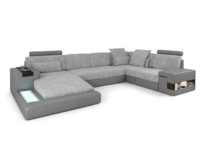 Sofá de esquina con forma de U, conjunto de sala de estar, sofá de cuero, sofá tapizado de tela, cuero USB + LED.