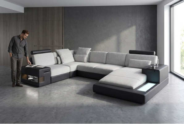 Sofá esquinero XXL en forma de U, paisaje de sala, sofá de cuero, sofá tapizado, textil, cuero, USB.