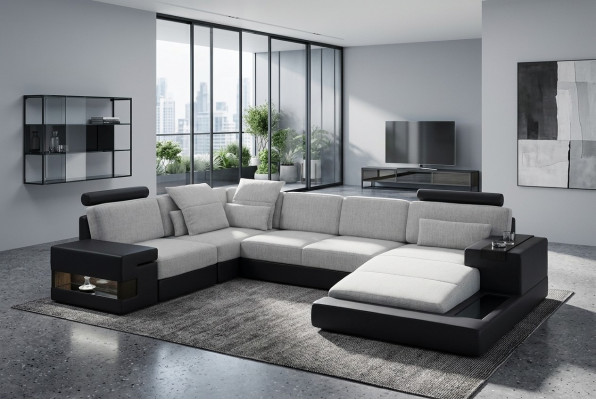 Sofá esquinero XXL en forma de U, paisaje de sala, sofá de cuero, sofá tapizado, textil, cuero, USB.
