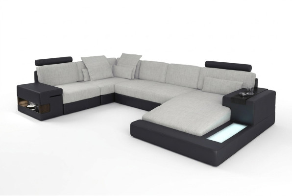 Sofá esquinero XXL en forma de U, paisaje de sala, sofá de cuero, sofá tapizado, textil, cuero, USB.