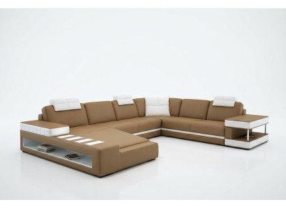 XXL conjunto de sala en forma de U, sofá de cuero acolchado, sofá esquinero, sofá de cuero textil con USB.