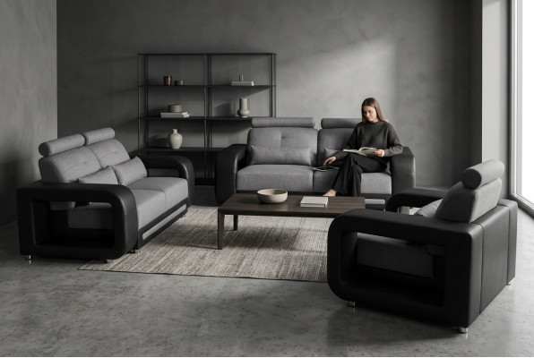 Sofá con conjunto de USB, diseño de cojines, asiento completo de cuero y tela nuevo