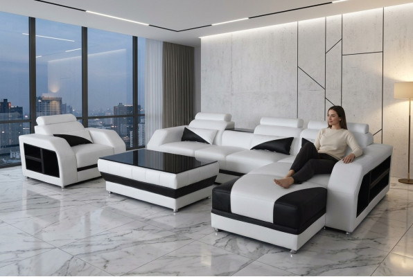 Sofá de esquina de cuero con USB Juego de salón Sofás Sofás Sofá Cama Asientos Esquina