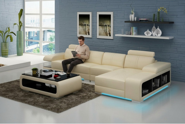 Sofá moderno en forma de L de cuero en un hermoso estilo de diseño moderno.