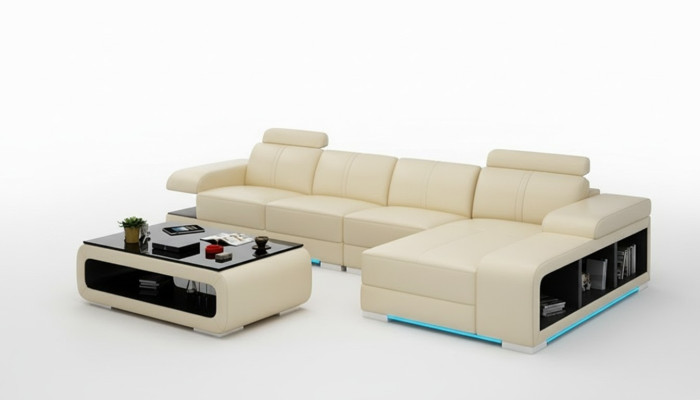 Sofá moderno en forma de L de cuero en un hermoso estilo de diseño moderno.