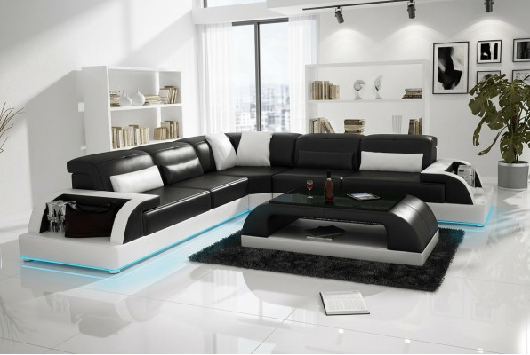 Sofá de cuero Sofá de salón Conjunto de salón Sofá en forma de L Sofá de esquina Juego de muebles de esquina Diseño moderno Sofá USB Blanco