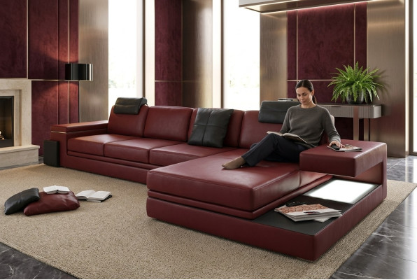 Sofá de tela rojo de diseño para la sala de estar con esquina, juego de tejido de tela con LED + USB.