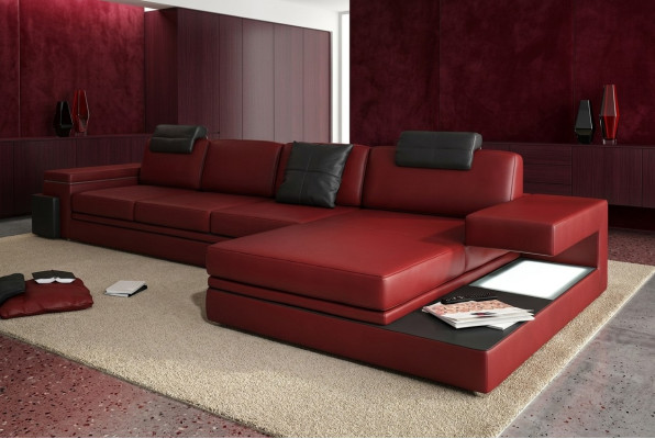 Sofá de tela rojo de diseño para la sala de estar con esquina, juego de tejido de tela con LED + USB.