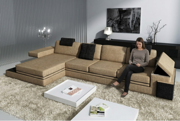 Moderno diseño de sala de estar sofá textil de tela sofá tapizado rincón con LED + USB.