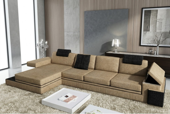 Moderno diseño de sala de estar sofá textil de tela sofá tapizado rincón con LED + USB.