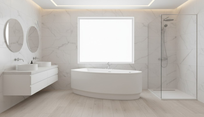 Diseño bañera esquinera acrílica moderna decorativa.