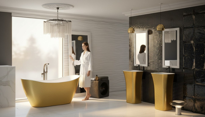 Baño dorado de diseñador. Bañera de lujo independiente en oro.