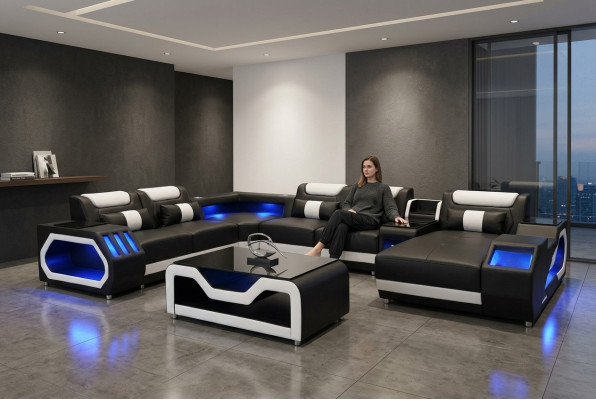 Diseño de asiento de cuero acolchado de esquina para la sala de estar con USB.