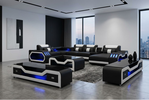 Sofá de cuero conjunto de esquina de diseño sofá paisajístico + mesa de sofá + RTV USB nuevo