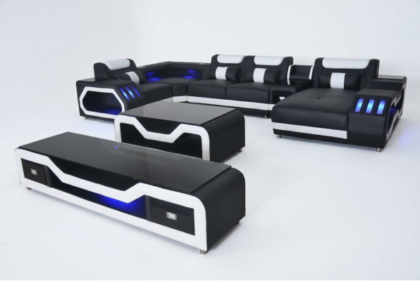 Sofá de cuero conjunto de esquina de diseño sofá paisajístico + mesa de sofá + RTV USB nuevo
