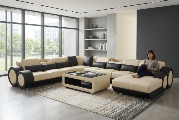 Sofá de cuero conjunto de sala de estar diseño moderno sofá esquinero en forma de U G8035+USB