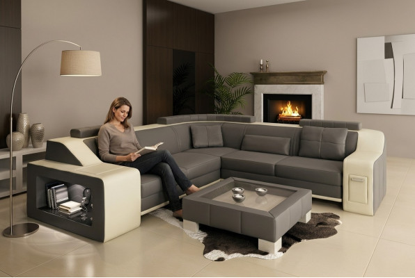 Sofá de esquina de cuero y textil con USB, acolchado, conjunto de salón en forma de L, asiento Isching.