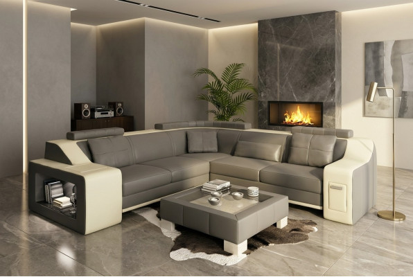 Sofá de esquina de cuero y textil con USB, acolchado, conjunto de salón en forma de L, asiento Isching.